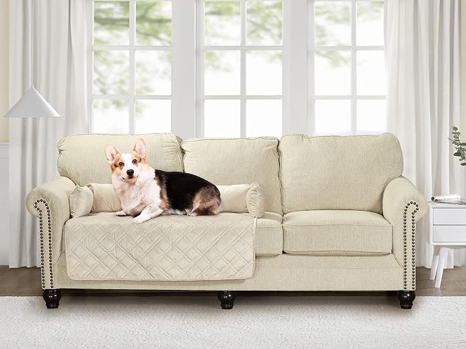 Brilliant Sunshine Beige Natural Velvet Dog Sofa Slipcover, Large | Calming Pet Couch Bed with Removable & Washable Cover, Funiture Protector & Bed Mat for Dogs, Pets, Cats, 42"×32"×8"