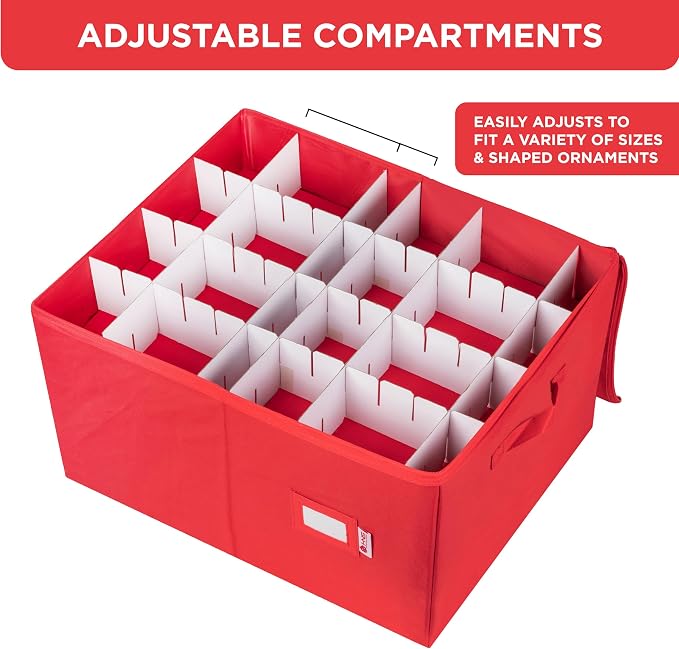 Christmas Ornament Storage Container with Dividers - Box Stores Up to 96 Ornaments, Zippered, Convenient, Adjustable, Large Organizer Bin to Protect Holiday Décor, Fits Most Standard Size, Red