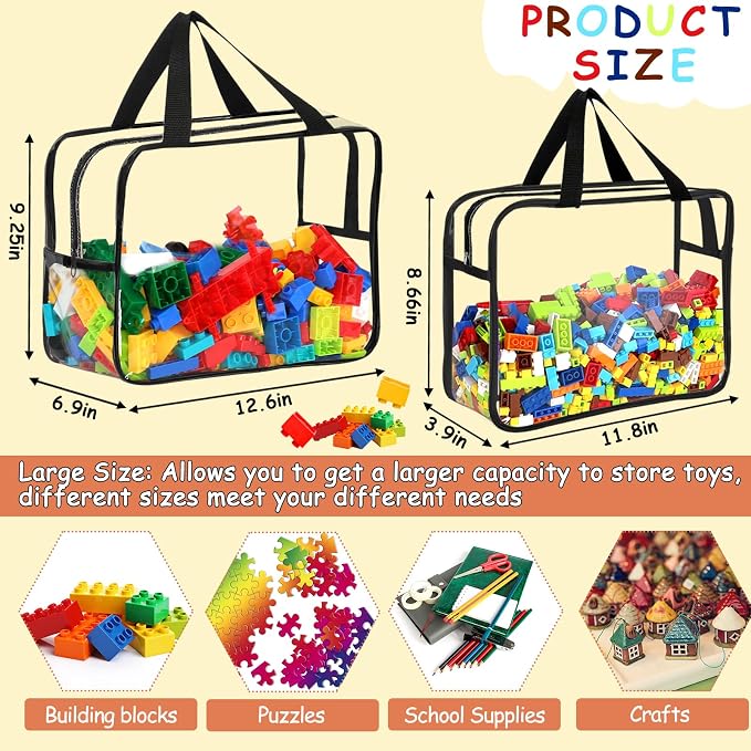 6Pcs 3Large & 3XL Toy Storage Bags with Labels Reusable Clear Toy Organizer | PVC Waterproof Transparent Organizer Bags with Zipper for Building Blocks, Puzzle, Board Games Travel Storage, Save space