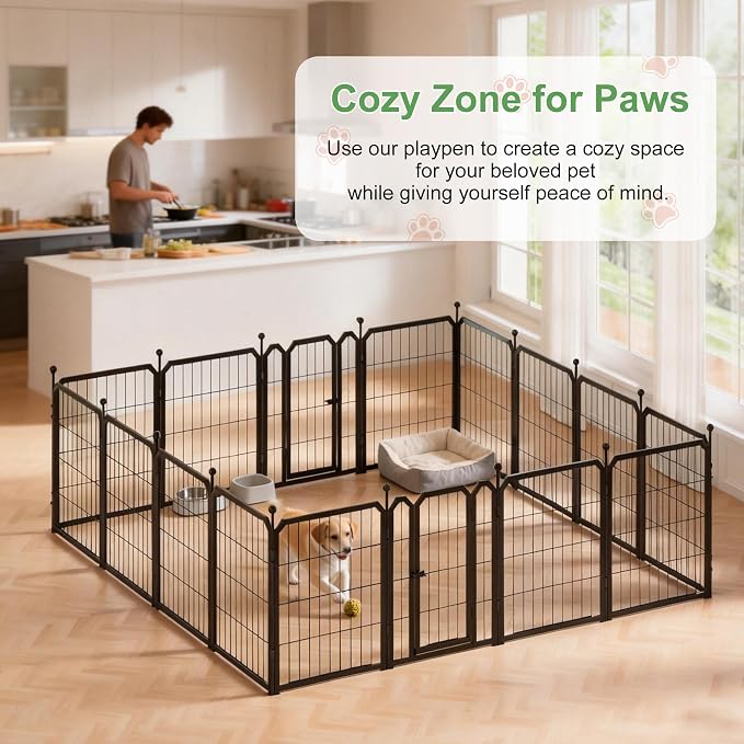 Outdoor Dog Playpen, 24 Inch 16 Panels Pet Fence, Black | 2 Doors for Easy Access, Adjustable and Expandable Design, Pet-Safe Edges and Secure Lock, Rust-Resistant, Yard and Home Use