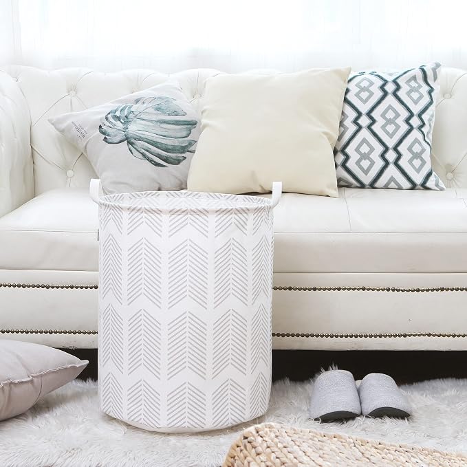 Sea Team Large Canvas Laundry Basket with Handles, Gray Fishbones | Collapsible Fabric Laundry Hamper, Closet Shelf Organizers, Containers for Clothing, Blankets, Toys, Bedding, 19.7 x 15.7”