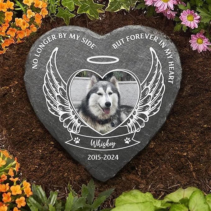 Wrappiness Pet Memorial Stone - No Longer by My Side Forever in My Heart, Personalized Dog Memorial Gifts, Remembrance Condolence Gifts for Loss of Pet Custom Photo (Heart 04, Stone with Stand)