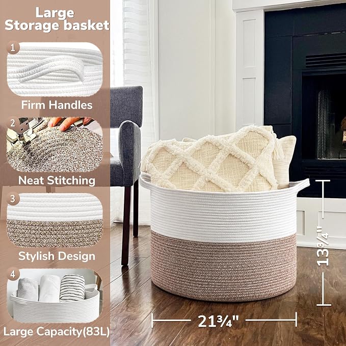 Goodpick Large Woven Blanket Basket Living Room & Playroom, 85L | 21.7 x 21.7 x 13.8 In Storage Basket for Toys Shoes, Cute Baby Laundry Hamper for Towels, Clothes, Mele