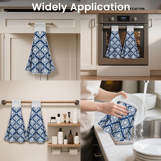 CUTHOLLOW Blue Retro Damask Hanging Kitchen Towels with Loop, Set of 2 - Soft & Super Absorbent Microfiber Decorative Hanging Dish & Hand Towel, Tea, Coffee Towel for Kitchen Bathroom Oven Handle