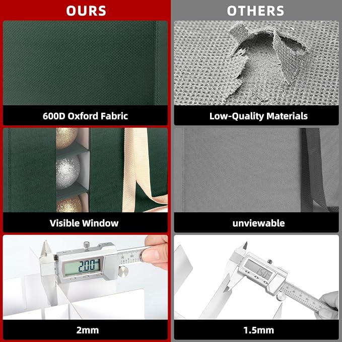 Christmas Ornament Storage Box with Adjustable Dividers and Side Pockets, Large Ornaments Storage Container Bin with Zippered Top for Xmas Decorations (128-3" Balls, Green, Without Tray)