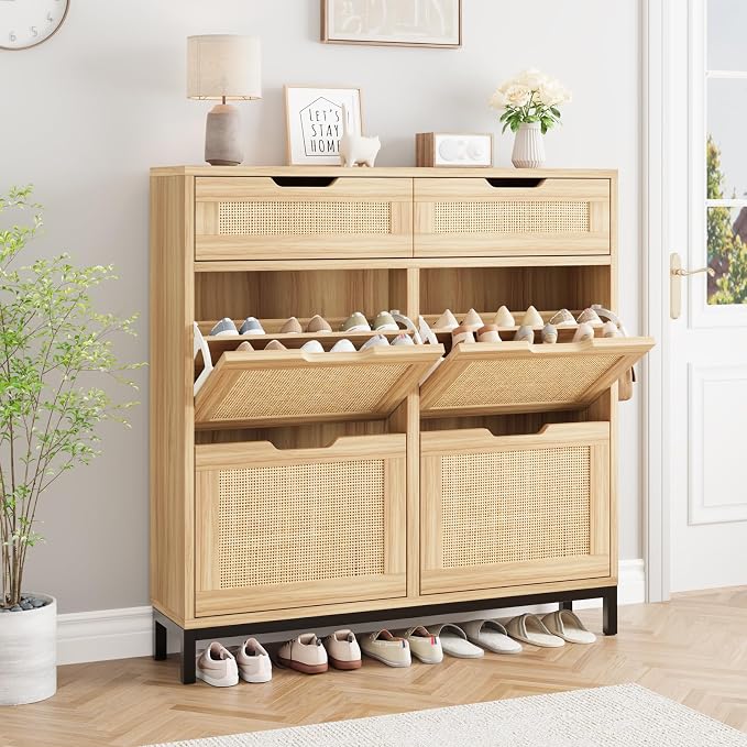 Jocoevol Rattan Shoe Cabinet for Entryway with 4 Flip Drawers and 2 Drawers, Narrow Freestanding Shoe Storage Cabinet with Metal Legs for Entryway/Hallway/Foyer