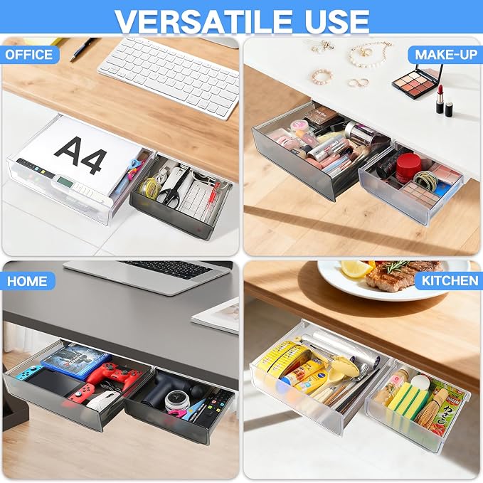 OSPNIEEK Self-adhesive Under Desk Drawer Organizer, 2 Pack Table Hidden Slide Out Large Storage Mounted Desktop Pencil Holder Tray Drawers for Office Home School Stationery Kitchen (XL+L, Black)