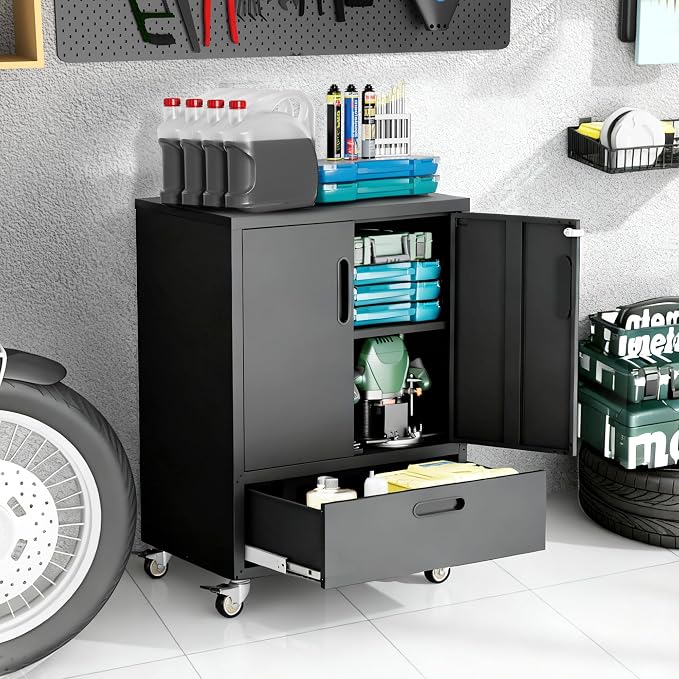 Metal Storage Cabinet for Garage, Tool Cabinet, Utility Cabinet | Wheeled, Rolling Tool Cabinet, Lockable, 2 Doors,1 Drawer, Assembly Required, Black