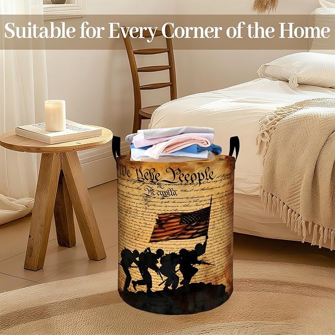 Soldier Silhouette Laundry Basket, Patriotic Foldable Oxford Cloth, Waterproof Dirty Clothes Hamper with Handles, Clothing Storage Bin Toy Organizer for Bedroom Dorm Bathroom, 19.7"x15.7"