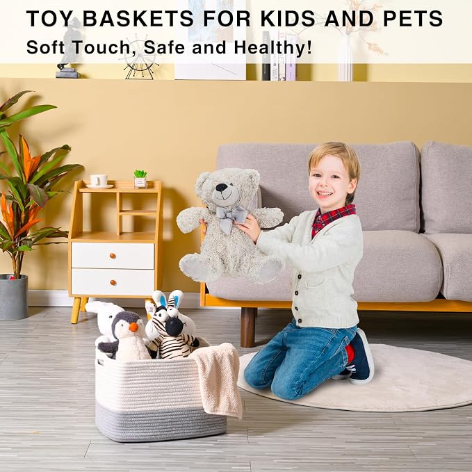Grey Storage Baskets for Organizing Shelves, Woven Cotton Rope Baskets for Storage, Dog Toy Basket Storage Kids, Gray Shelf Basket, 14.8"×11"×9.5", Pack of 3, Off White & Grey