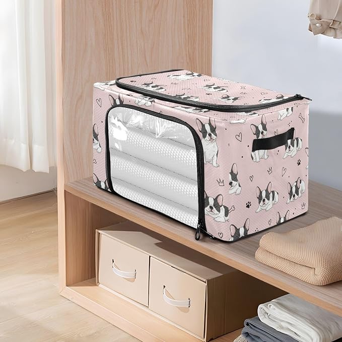 Cute Pet Dogs Pink pattern Under Bed Storage Containers with Double Zipper Openings, Foldable Clothes Storage Bins with Clear Window and Handles for Comforters Blankets Bedding
