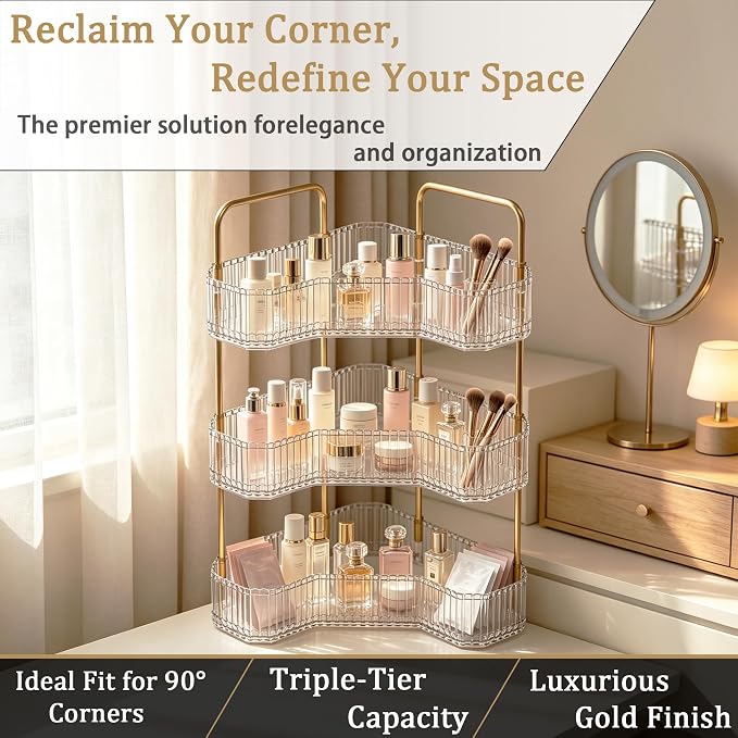 3-Tier Corner Bathroom Organizer, Skincare Vanity Counter Shelf Clear | Premium PET Perfume Display Stand with Gold Metal Rods, Space-Saving 90 Degree Storage Rack for Dresser
