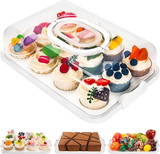 NPLUX White Cupcake Carrier Cupcake Holder with Lid, Cake Container | 3 in 1 Multipurpose, Lid, Holder, Muffins, Pies, Sweets, Pastries, Fruit, Snacks, Transport