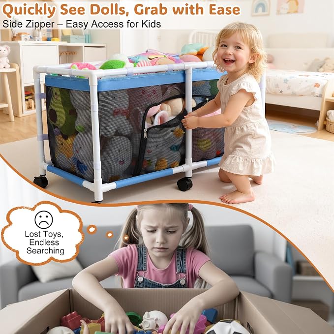 FIOBEE Toy Box for Girls Boys with See-Through Mesh & 360° Rotating Wheels | Kids Toy Chest Organizer, Stable Structure & Easy Install, Extra Large Storage Bin for Clothes, Ball, Pet Toys, Swimming Ring