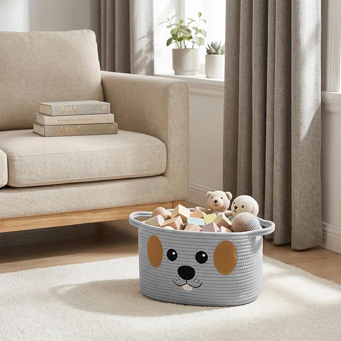 Woven Dog Toy Basket, Cute Embroidered Pet Toy Bin, Soft Cotton Rope Dog Organization and Storage, Medium Pet Stuff Organizer, Puppy Animal Storage Basket for Leashes, Gifts, 15"x11"x9", Gray