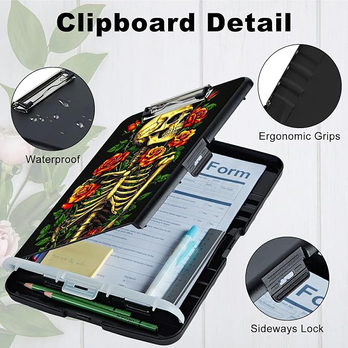 Skull Red Rose A4 Clipboard with Storage Pen Holder, Clipboards Organizer Nursing Clipboard Foldable File Folder Plastic Clipboard Folio Clip Board for Office Students Classroom Doctor