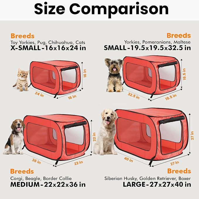 Portable Collapsible Pop Up Kennel, 32.5" L x 19.5" W x 19.5" H, Red | Collapsible indoor/outdoor travel cat and dog crate with mesh screen windows pops up and folds flat for easy storage