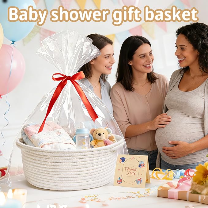 Bufims Small Woven Basket Gift For Empty With Ribbons and Bags, Durable Cute Gifts 12"X 8" X 5"Small Rope Basket for Gifting,White