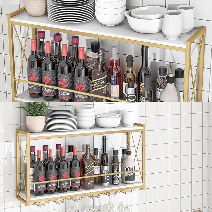 Dokser Wine Rack Wall Mounted Shelf - 2 Tier Wine Bottle Holder for Kitchen | 31.5"Gold 2 Tier Wall Wine Rack with Rustic Wood & Industrial Iron Frame, Wine Bottle Holder for Dining Room, Home Bar Decor