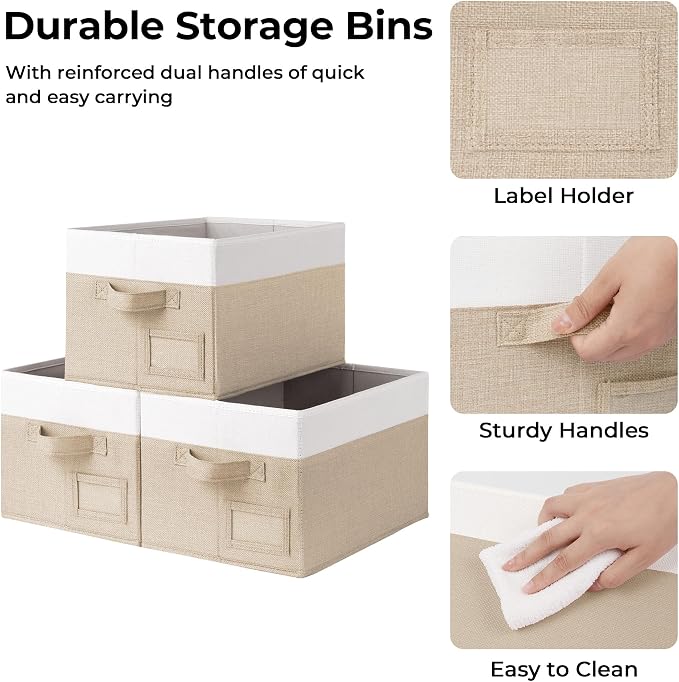 GRANNY SAYS Closet Storage Bins with Label, Khaki&Ivory, Medium, 3-Pack | Fabric Storage Bins, Storage Baskets for Closet, Closet Organizer Bins for Clothes, Clothes Storage Organizer