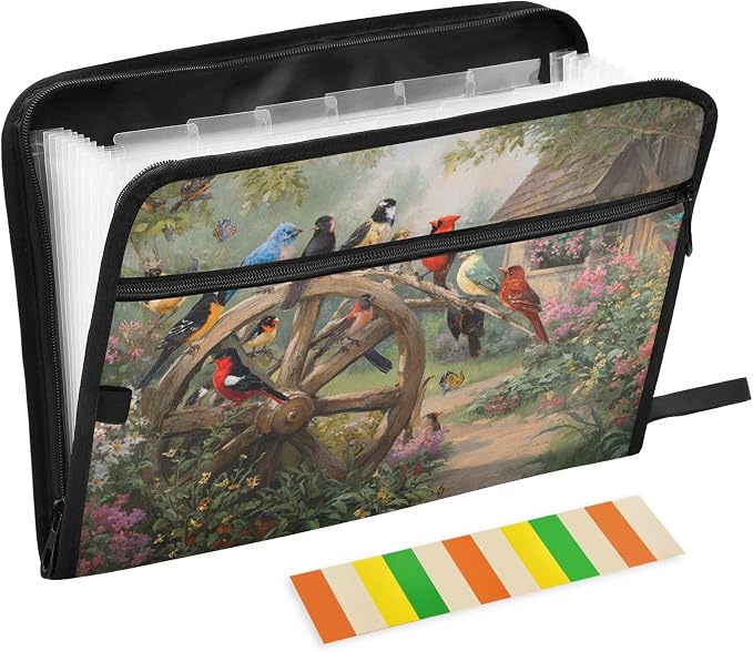 Birds on The Wagon Wheel Expanding File Folder with Sticky Labels, 13 Pockets Accordion File Folder Document Organizer Expandable Zip File Folder with Zipper Closure