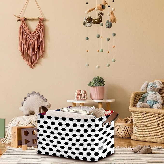 Soccer Ball Storage Basket Large 17x11.5x10.5 Inche-Collapsible Fabric Organizer Bin with Handles for Sports Room, Game Day Decor, Kids-Decorative Hamper with Classic Black & White Design-Single Pack