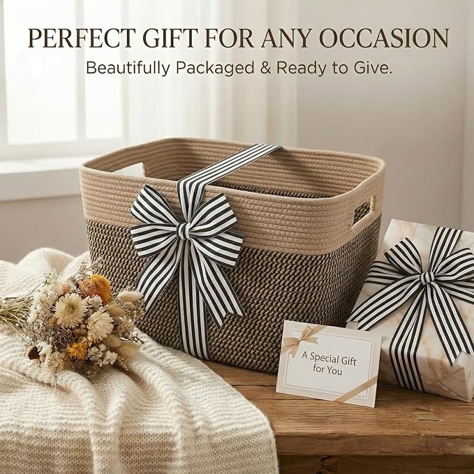 JMvicyroam 96L Large Woven Cotton Rope Blanket Basket, Jute&Black | Blanket storage for living room or bedroom use, Freestanding with reinforced handles, Entire basket is machine washable
