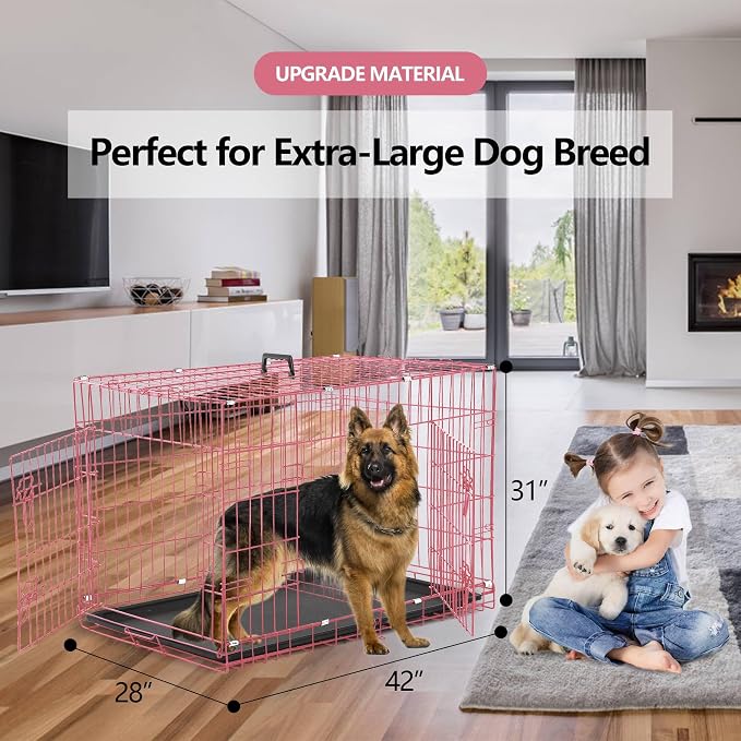 42 Inch Extra Large Dog Crate, Heavy Duty Dog Crates for Large Dogs, Metal Wire Folding Dog Cage with Removable Trays, Locks, Double-Door, Divider Panel, Handle, XL Dog Crate Pet Crate (42 in, Pink)