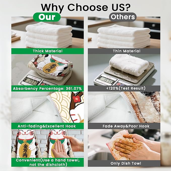 CUTHOLLOW Japanese Lucky Cat Hanging Kitchen Towels with Loop, Set of 2 - Soft & Super Absorbent Microfiber Decorative Hanging Dish & Hand Towel, Tea, Coffee Towel for Kitchen Bathroom Oven Handle