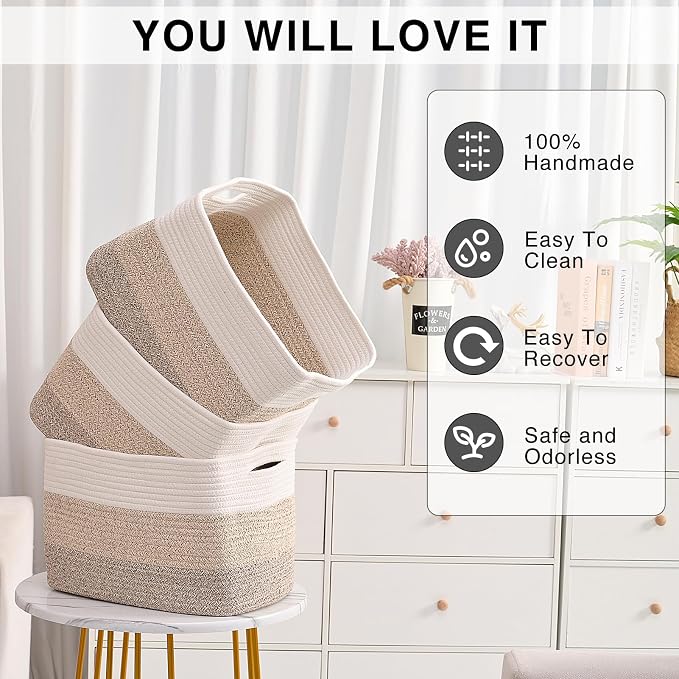 ICERZCZ Storage Baskets for Organizing Shelves, Woven Cotton Rope Bins for Baby Nursery Organization, Book Toy Towel Organizer, 15"x11"x9.5", 3 Packs, Gradient Brown