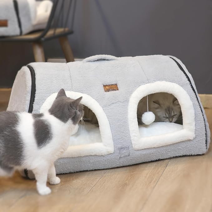 Cat Bed for Indoor Cats，Foldable cat cave，Anti-Slip & Water-Resistant Bottom，cat Houses for Indoor Cats or Small Dogs, Kitten Tent, Rabbit Double Hole Bed:(27.5"×15.3"×15"