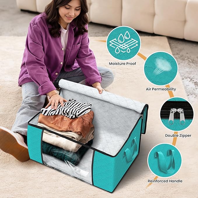 10 Pack Storage Bags for Clothes Blanket Storage Bins with Lids | Foldable Closet Organizers with Zippers,Window and Handles,Fabric Storage Bins for Sweater,Comforter,Bedding,Dorm essentials