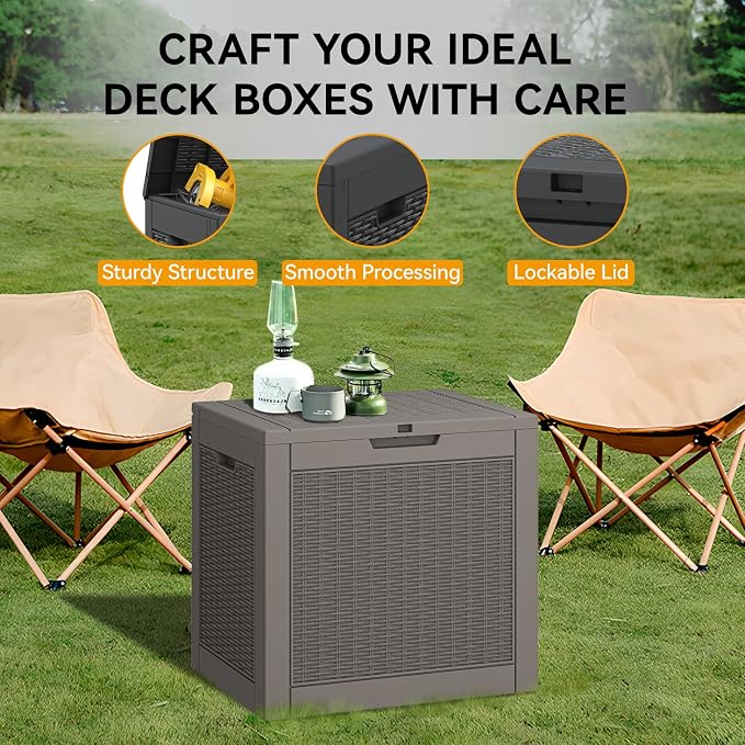 31 Gallon Outdoor Storage Box, Resin Deck Boxes Indoor and outdoor, Waterproof Storage Box Lockable Lid for Garden Tools, Package Delivery, Patio Cushions, Grey