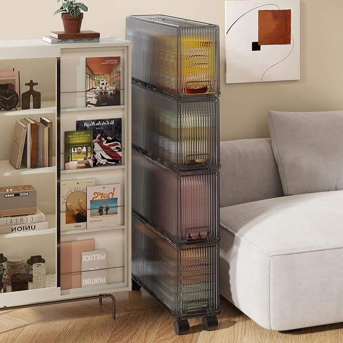 KHNR Slim 4 Pack Closet Storage Organizer with Wheels, Narrow Gap Drawer Shelf, Cabinet for Underwear, Socks, Scarves, T-Shirts Bedroom Essentials, Fits Closet Side or Wardrobe Gap, Clear Grey