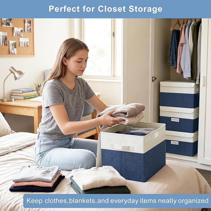 Large 22 Quart Linen Fabric Foldable Storage Bin Cube Organizer Basket with Flip-Top Lid & Handles, Clothes Blanket Box for Home, Office, Closet, Navy Blue & White, 4 Pack 14.6 x 9.5 x 9.5