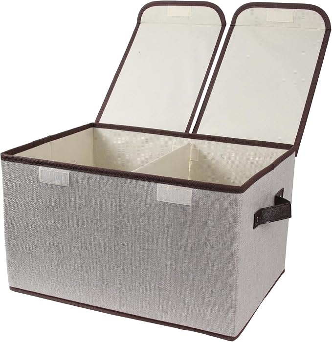 Foldable Fabric Storage Box, 16.5 x 11.8 x 9.8 inches (L x W x H), with Double-Lid & Dividers, Large Organizer for Home, Closet, Office(Grey)