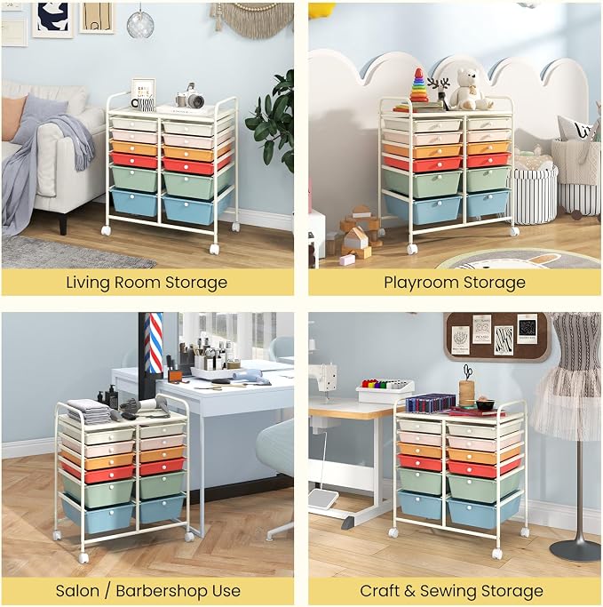 12 Drawer Rolling Storage Cart, Art Cart Organizer on Wheels, Mobile Utility Cart with Drawers, Multipurpose Craft Drawers for Home Office School Classroom (Macaron)