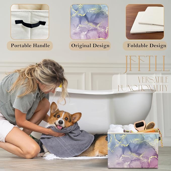 Blue Purple Marble Storage Bins with Handles, Abstract Modern Glitter Marble Texture Collapsible Laundry Basket Storage Box for Home Bedroom Bathroom Clothes Toys Books