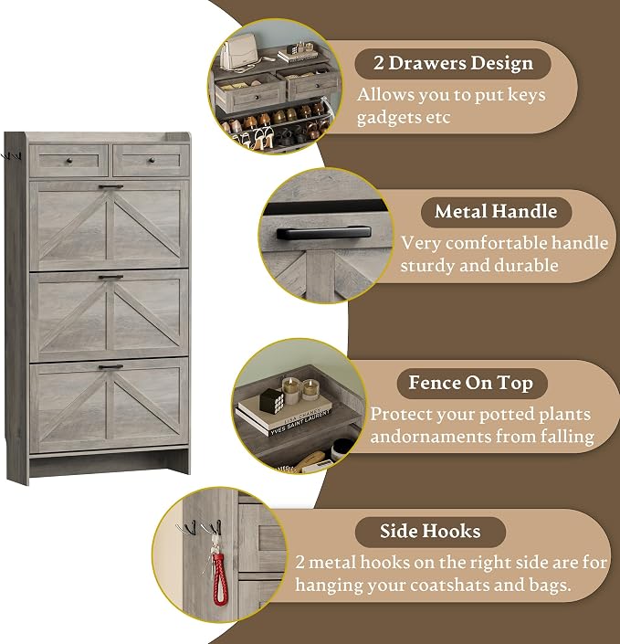 BORNOON Shoe Storage Cabinet for Entryway, Farmhouse Narrow Shoe Cabinet with 3 Flip Drawers & 2 Top Drawers, Adjustable Shelves & Hooks, Freestanding Hidden Rack Organizer for Hallway, Foyer