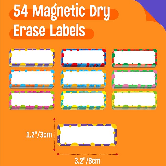 Magnetic Colorful Labels, 54 PCS Dry Erase Reusable Neon Name Tag Stickers Color Dots Frame in 9 Designs for Whiteboards Locker Fridge School Office Home (Each Measures 3.2" x 1.2")