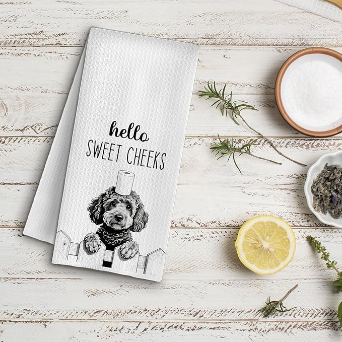 Farmhouse Funny Poodle Dog Hand Towels, Hello Sweet Cheeks Bathroom Decor, Gifts for Poodle Lovers Decorative Hand Towels for Bathroom Washroom Restroom, 16x24 Inch