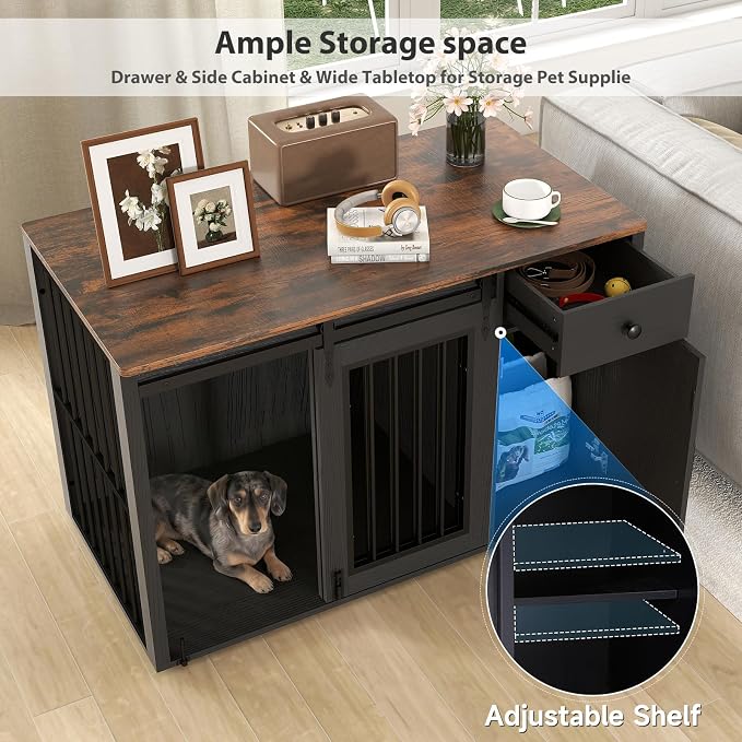 Verano Garden 44" Dog Crate Furniture, Dog Kennel (44" Right Facing Door) | 2-in-1, Lockable, Sliding Door, Removable Divider, Adjustable Shelf, Farmhouse, Heavy Duty, Small Medium Dogs, Black