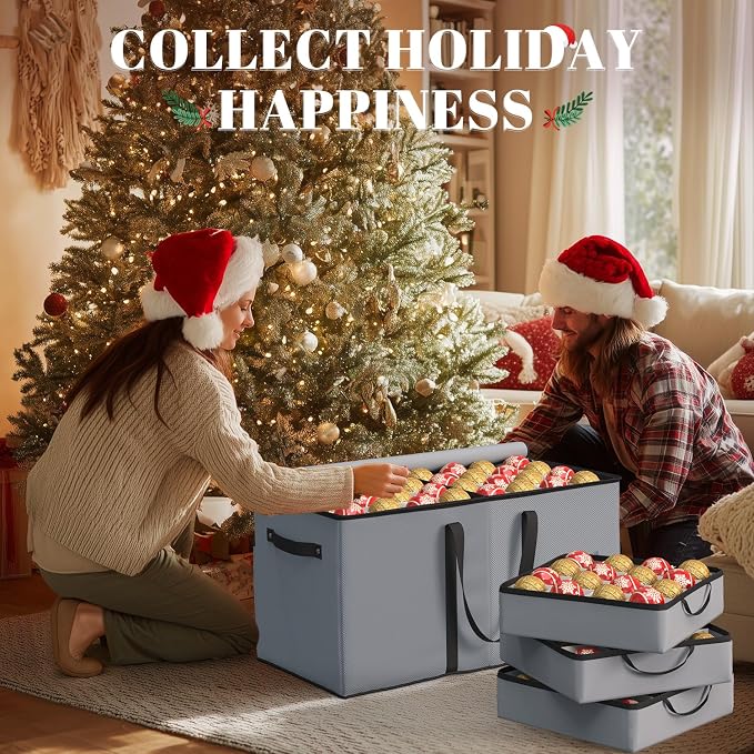 Keten Large Christmas Ornament Storage Boxes with Adjustable Dividers | Stores up to 128 Holiday Ornaments 3-Inch, 8 Individual Trays with Handles,48 Dividers, Zippered Lid, 600D Oxford (Grey)