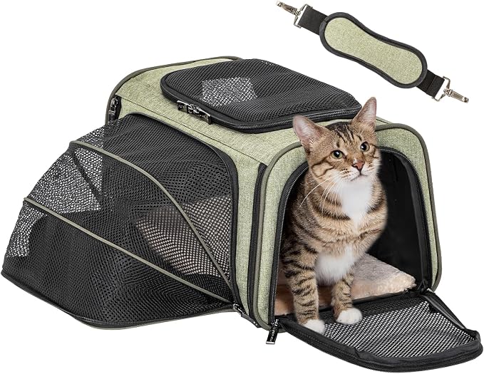 Petsfit Small Expandable Cat Carrier for Air Travel, Up to 9 lb | 16 x 10 x 9 in; sized for Alaska Airlines, with locking zippers, an interior safety tether and multi-side ventilation.