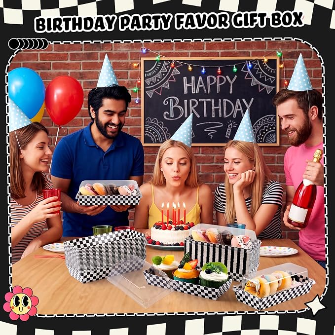 Bokon 50 Pack Black White Checkered Boxes, Small Cookie Boxes with Window, Individual Treat Containers for Sandwich, Cookie, Sushi, Cake Slice, Race Car Party Favors