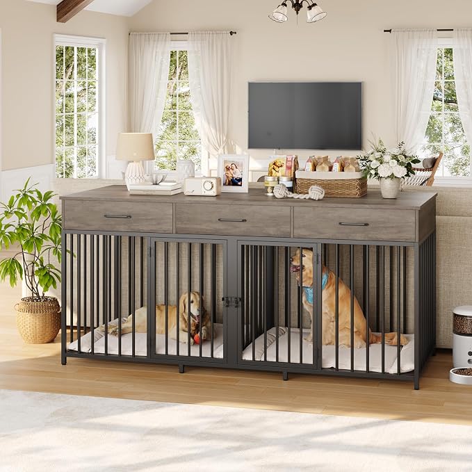 HOSTACK Double Dog Crate, 71" W Indoor Dog Kennel Furniture for 2 Dog, Grey | 3 Drawers for Easy Storage Heavy-Duty Cage, Removable Divider, Slide Bolt Latch, Modern Farmhouse Pet House for XL/XXL Dogs