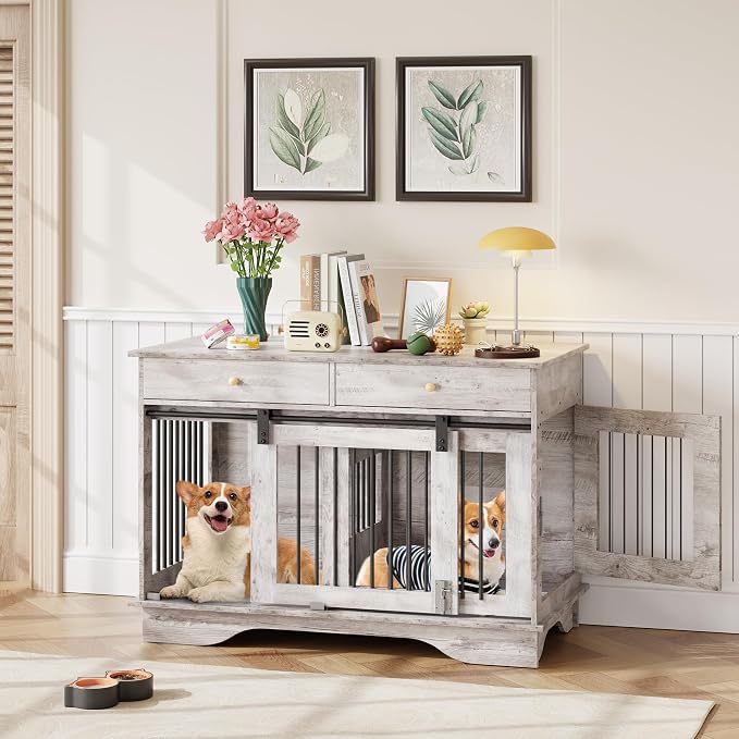 Multi-Functional Large Wooden Dog Crate Furniture – Double Kennel End Table with 2 Storage Drawers & Removable Divider – Indoor Pet Cage for Medium & Large Dogs, Grey