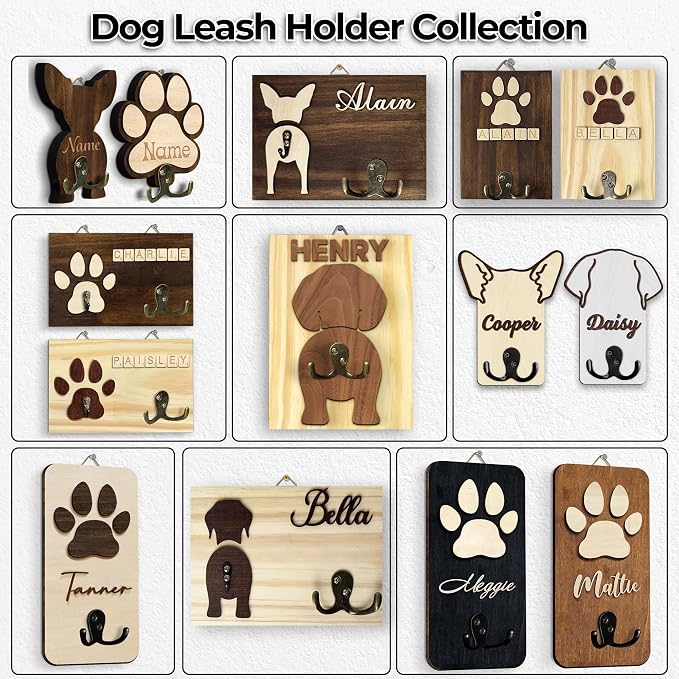 Dog Leash Holder for Wall Mount with Scrabble Letters, Wooden Paw Print Wall Hook, Pet Collar and Harness Organizer for Entryway, Key Hook for Pet Lovers & Dog Owners, Home Decor PF283