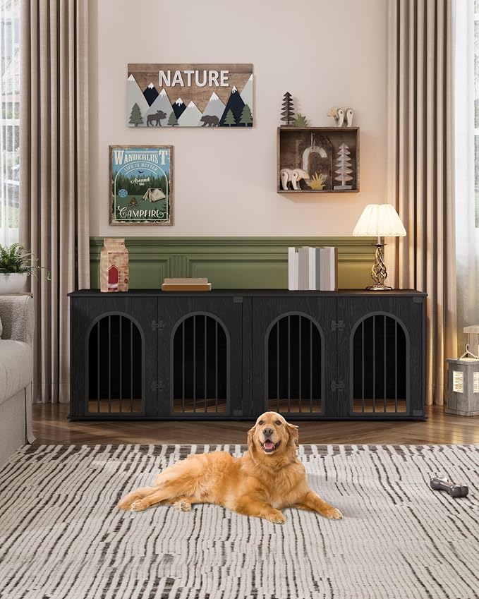 Hzuaneri 70.9" Double Dog Crate Furniture, Dog Kennel Indoor with Cushion | Heavy Duty Dog Crate Furniture for 2 Dogs,Dog Cage End Table TV Stand with Divider for Med-Large Dogs,Black DFC81904B
