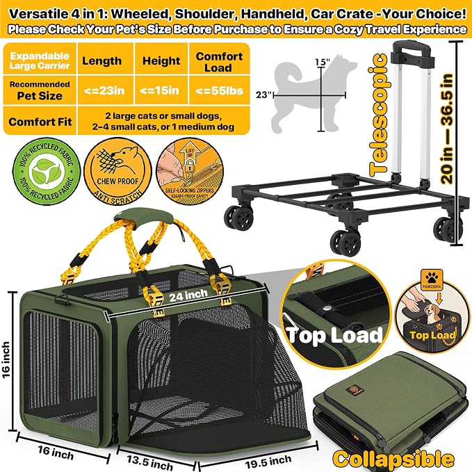 PAWZIDEA Expandable Large Pet Carrier with Wheels, 24x16x16 in Rolling Cat Carrier for 2–4 Cats up 55lb, Soft-Sided Collapsible Small Medium Dog Crate for Car Travel, Telescopic Handle, Storage Pocket